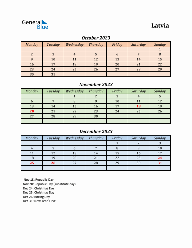 Q4 2023 Holiday Calendar - Latvia