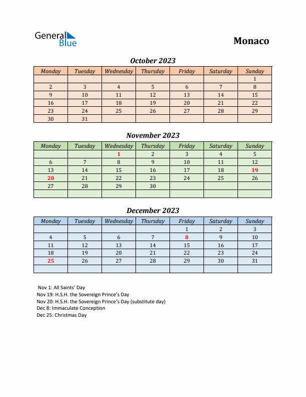 Q4 2023 Holiday Calendar - Monaco