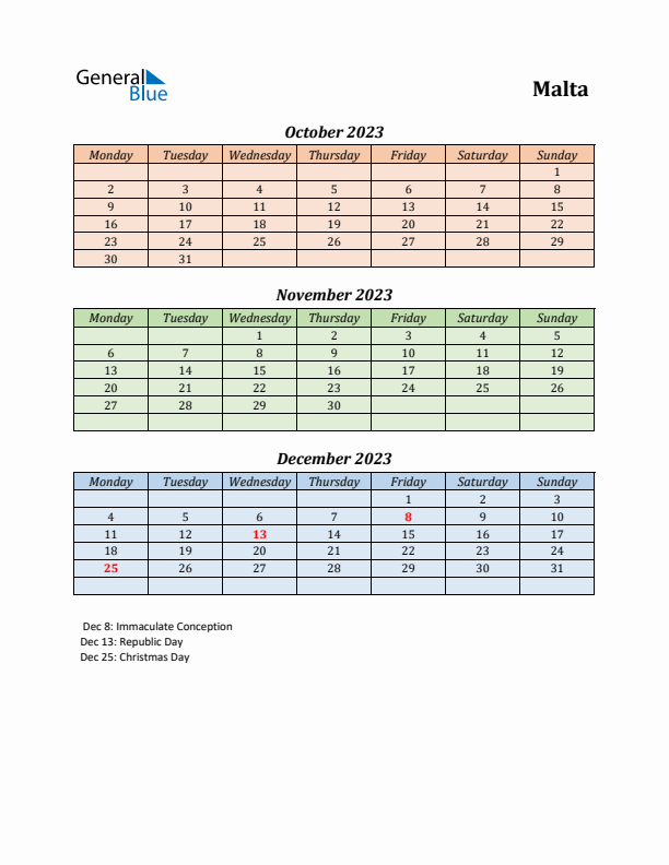 Q4 2023 Holiday Calendar - Malta