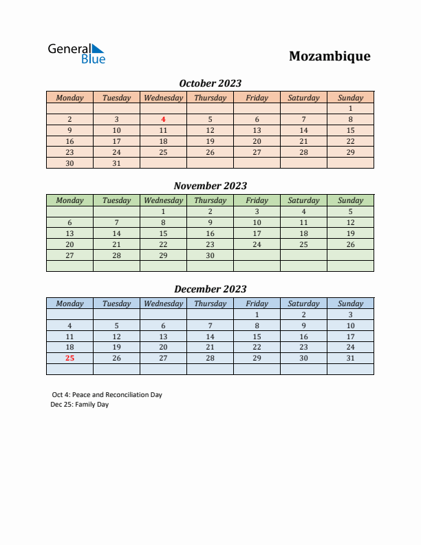 Q4 2023 Holiday Calendar - Mozambique