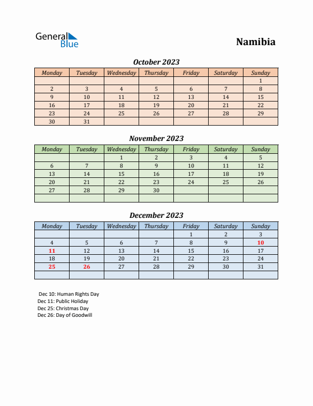 Q4 2023 Holiday Calendar - Namibia