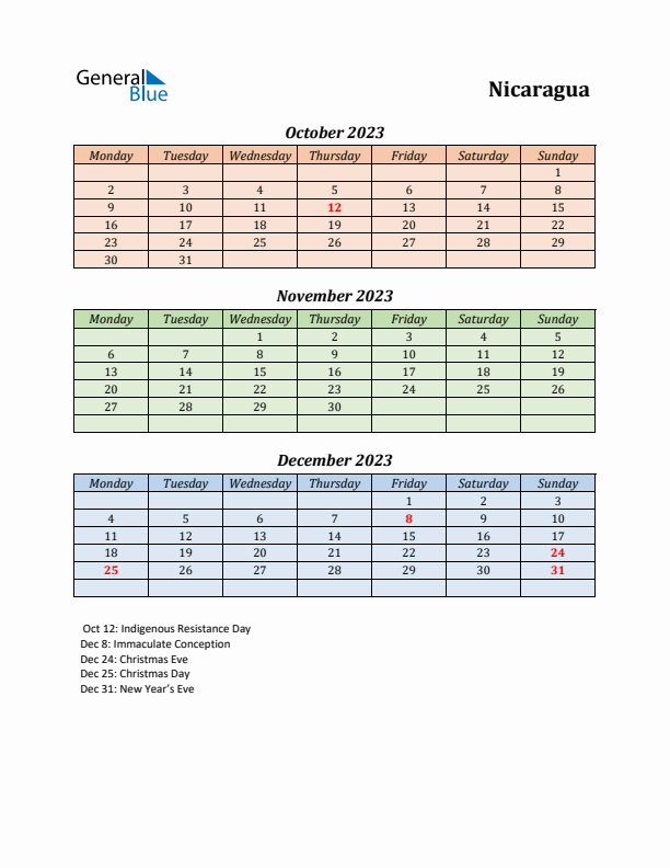 Q4 2023 Holiday Calendar - Nicaragua