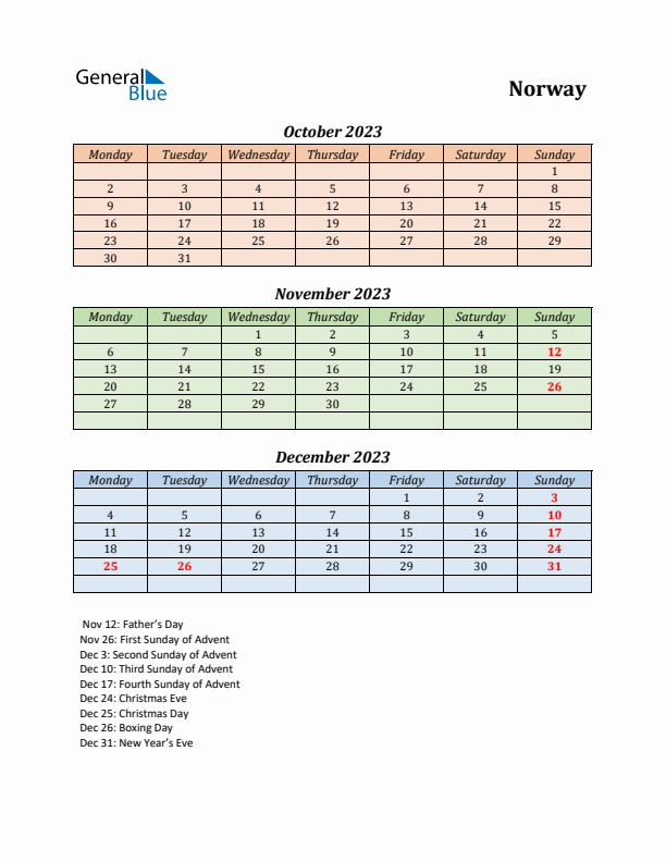 Q4 2023 Holiday Calendar - Norway