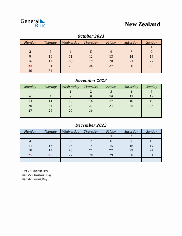 Q4 2023 Holiday Calendar - New Zealand