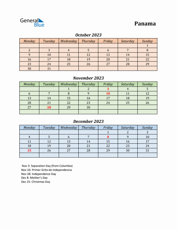 Q4 2023 Holiday Calendar - Panama