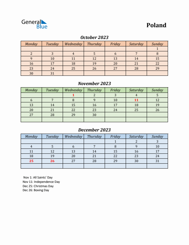 Q4 2023 Holiday Calendar - Poland