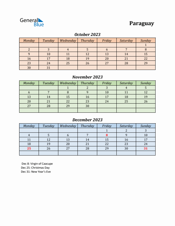 Q4 2023 Holiday Calendar - Paraguay