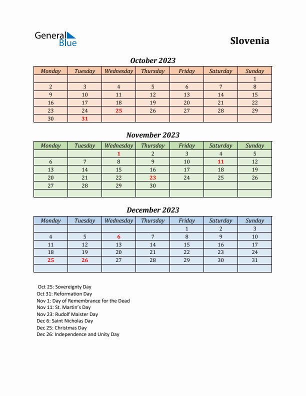 Q4 2023 Holiday Calendar - Slovenia