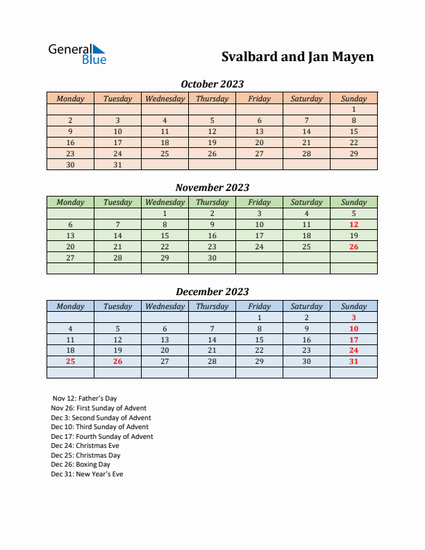 Q4 2023 Holiday Calendar - Svalbard and Jan Mayen