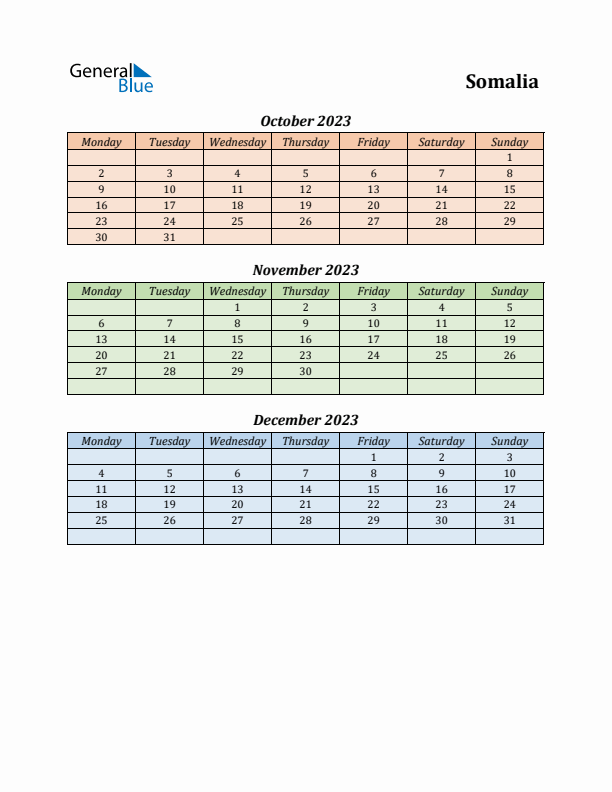 Q4 2023 Holiday Calendar - Somalia