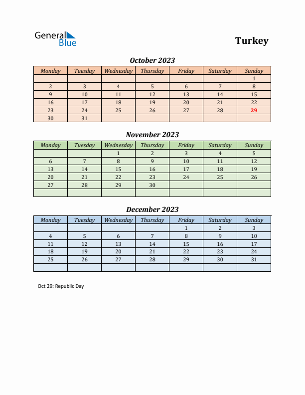 Q4 2023 Holiday Calendar - Turkey