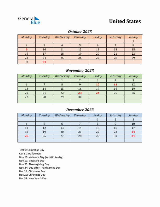 Q4 2023 Holiday Calendar - United States