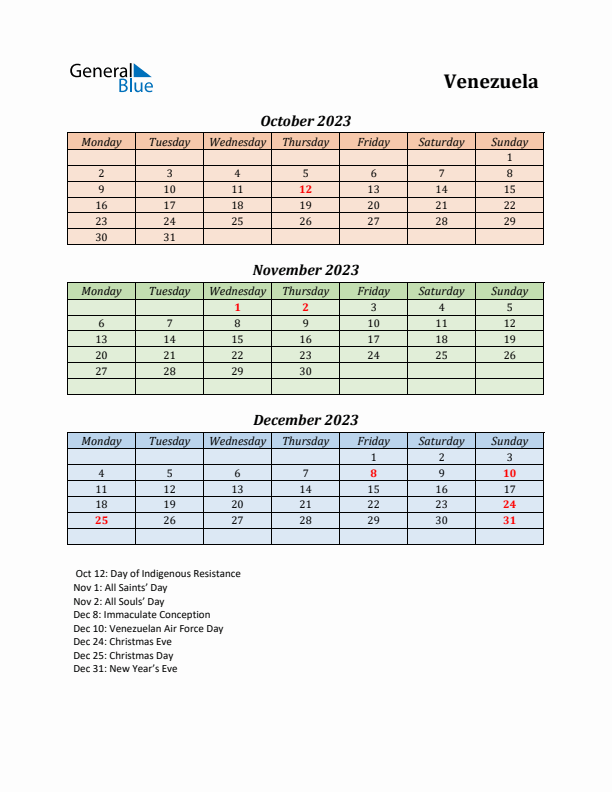 Q4 2023 Holiday Calendar - Venezuela