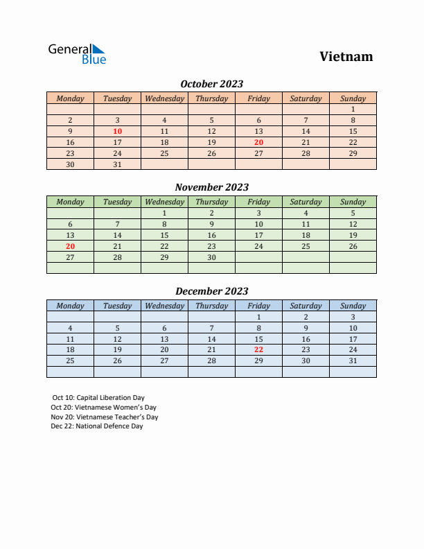 Q4 2023 Holiday Calendar - Vietnam