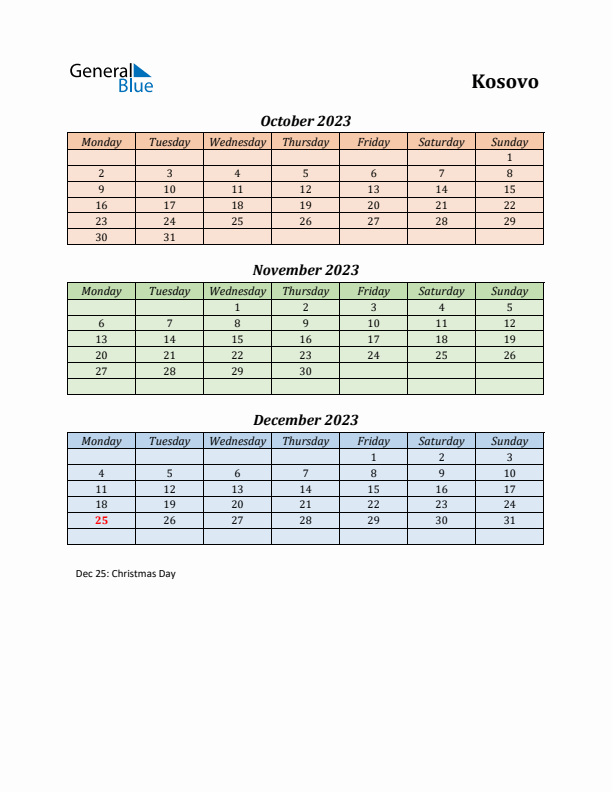 Q4 2023 Holiday Calendar - Kosovo