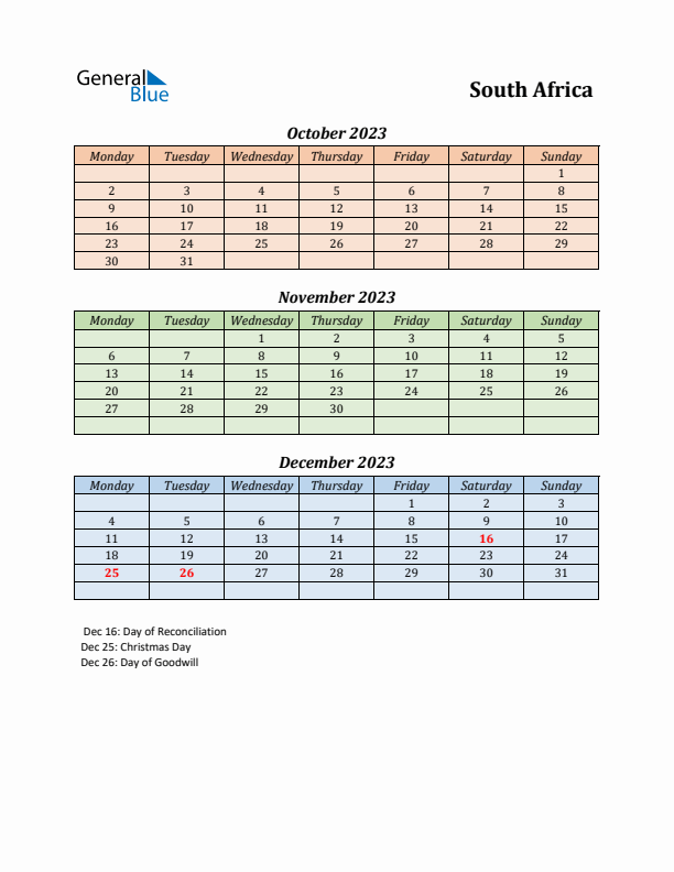 Q4 2023 Holiday Calendar - South Africa