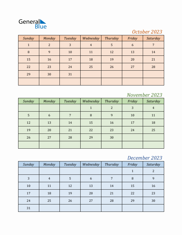 Three-Month Calendar for Year 2023 (October, November, and December)