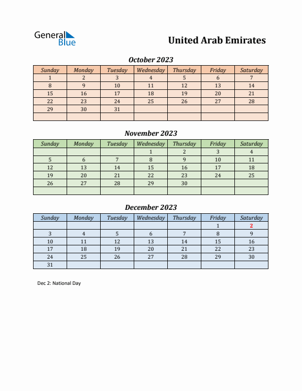 Q4 2023 Holiday Calendar - United Arab Emirates