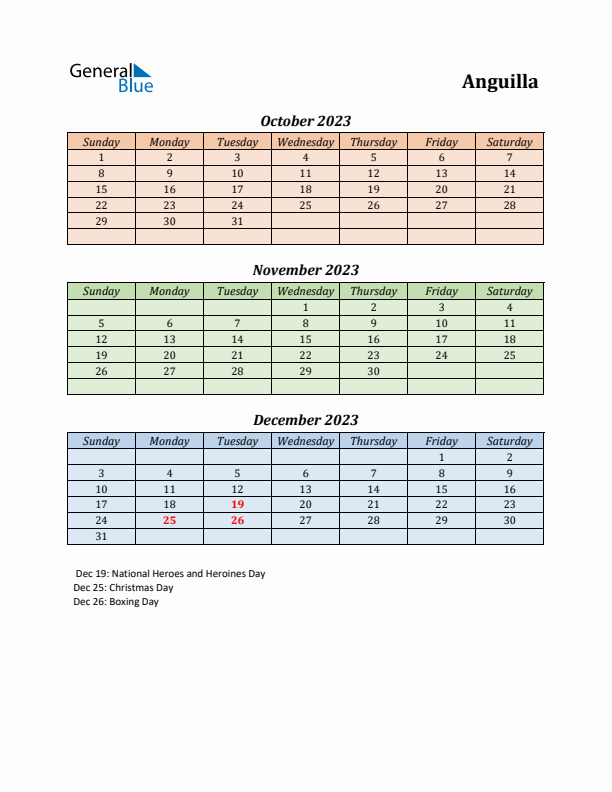 Q4 2023 Holiday Calendar - Anguilla