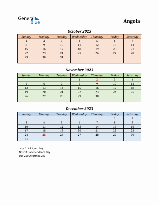 Q4 2023 Holiday Calendar - Angola