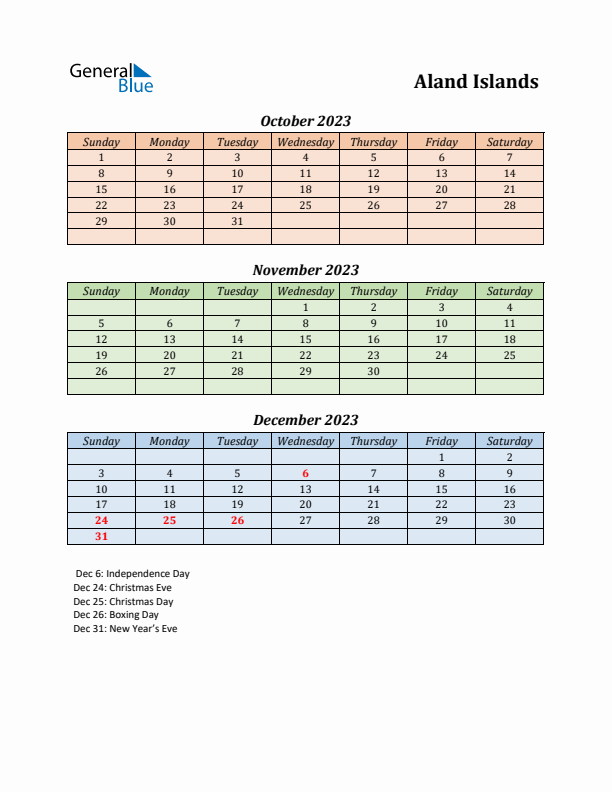 Q4 2023 Holiday Calendar - Aland Islands