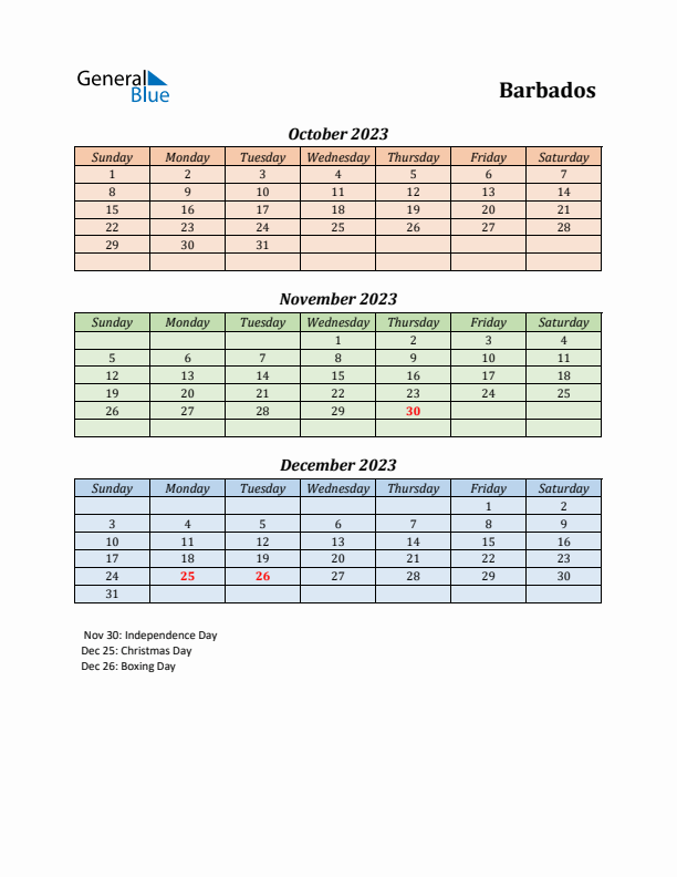 Q4 2023 Holiday Calendar - Barbados