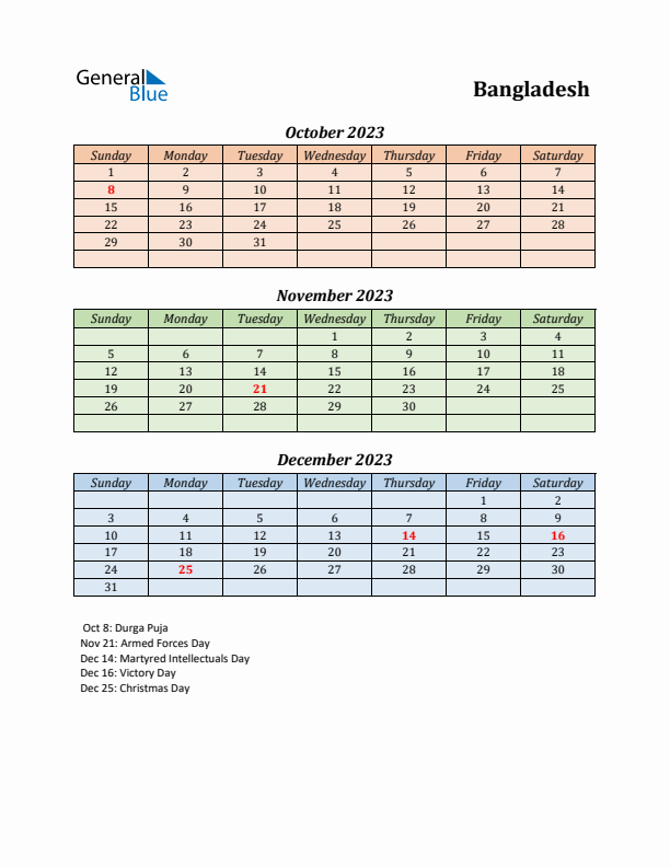 Q4 2023 Holiday Calendar - Bangladesh