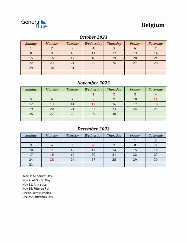 Q4 2023 Holiday Calendar - Belgium