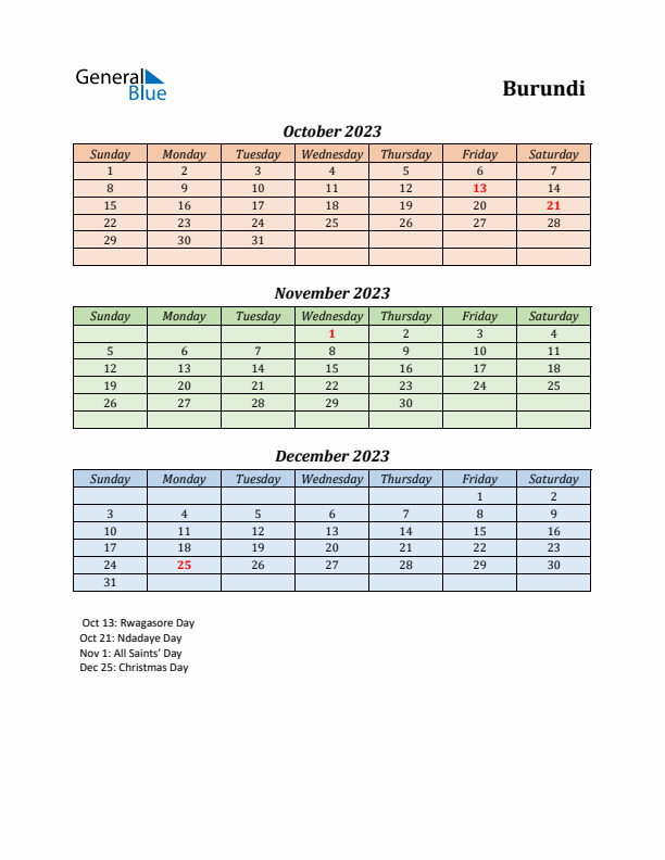 Q4 2023 Holiday Calendar - Burundi