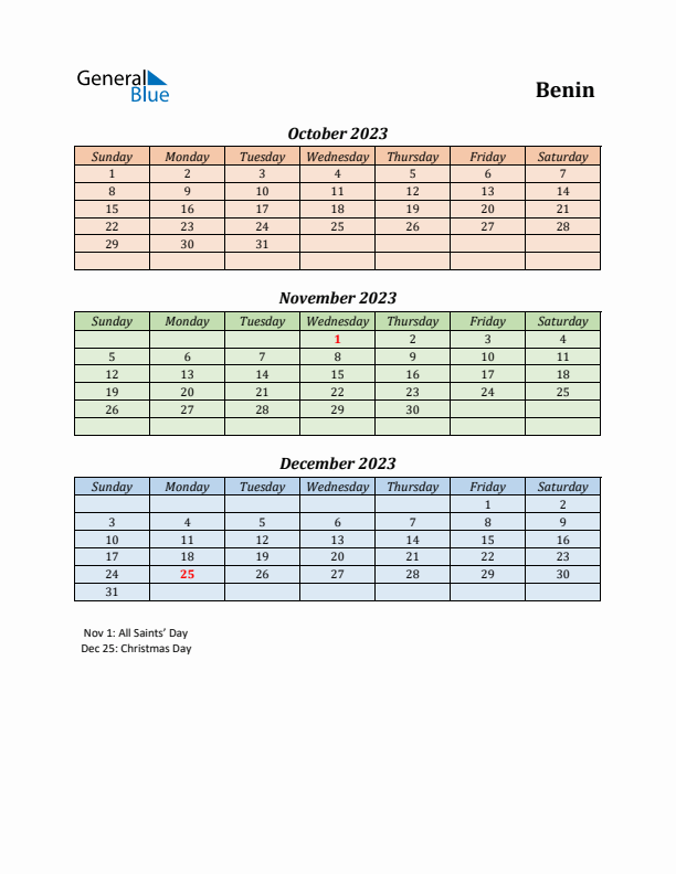 Q4 2023 Holiday Calendar - Benin