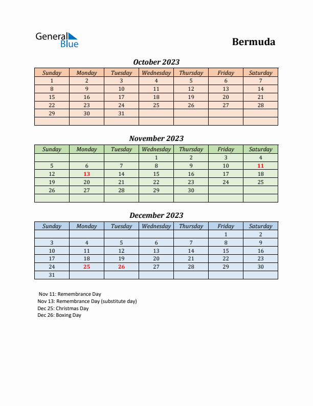 Q4 2023 Holiday Calendar - Bermuda