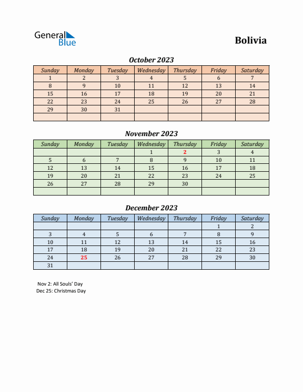 Q4 2023 Holiday Calendar - Bolivia