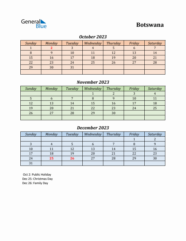 Q4 2023 Holiday Calendar - Botswana