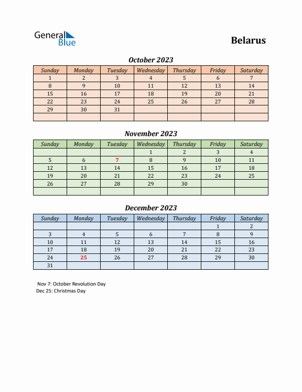 Q4 2023 Holiday Calendar - Belarus