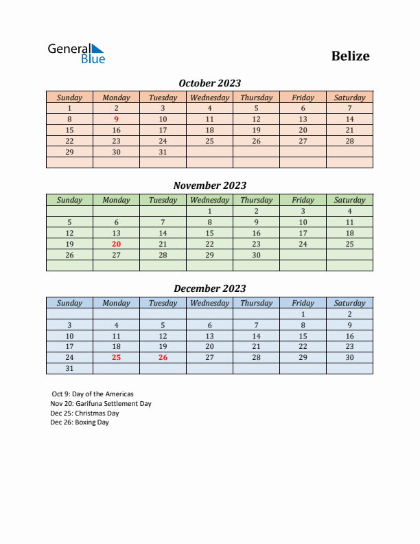 Q4 2023 Holiday Calendar - Belize