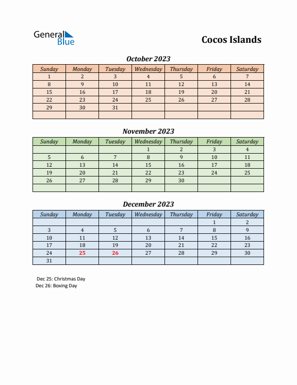 Q4 2023 Holiday Calendar - Cocos Islands