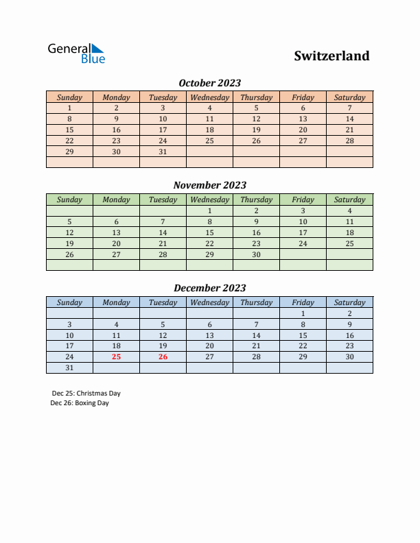 Q4 2023 Holiday Calendar - Switzerland