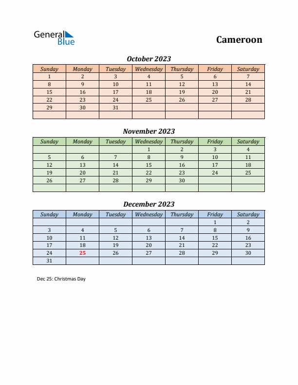 Q4 2023 Holiday Calendar - Cameroon