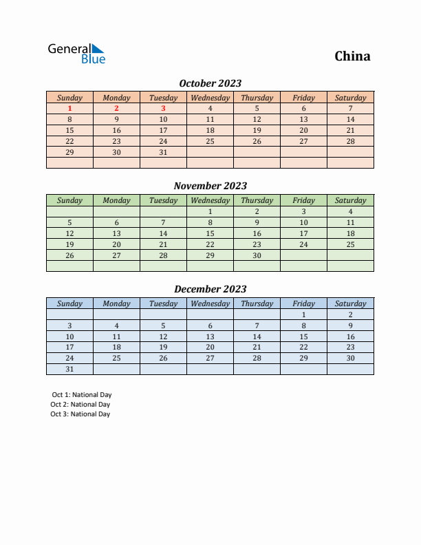 Q4 2023 Holiday Calendar - China