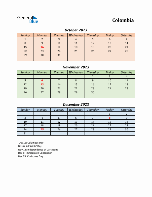 Q4 2023 Holiday Calendar - Colombia