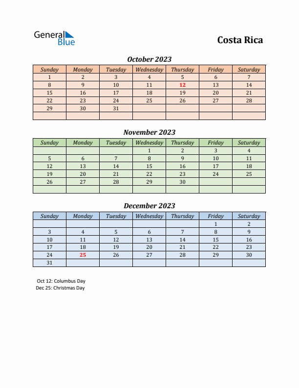 Q4 2023 Holiday Calendar - Costa Rica