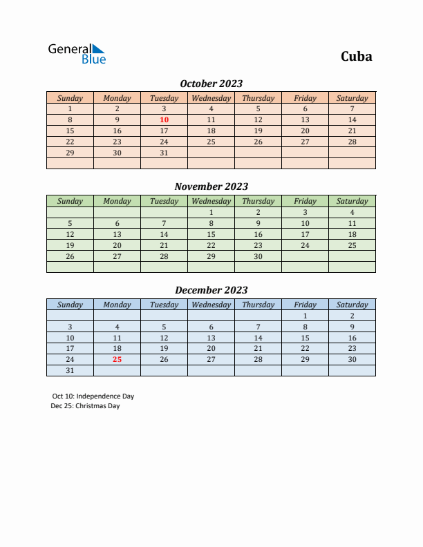 Q4 2023 Holiday Calendar - Cuba