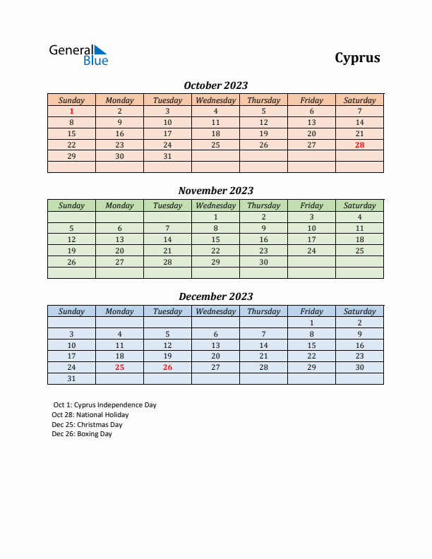 Q4 2023 Holiday Calendar - Cyprus