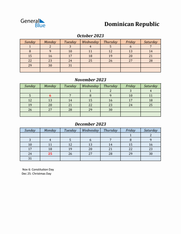 Q4 2023 Holiday Calendar - Dominican Republic