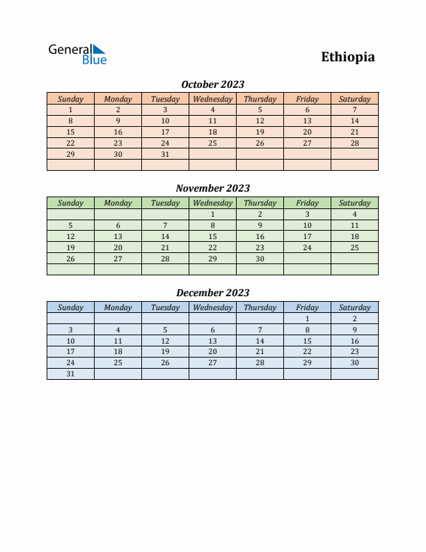 Q4 2023 Holiday Calendar - Ethiopia