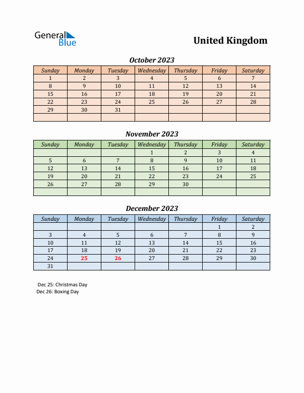 Q4 2023 Holiday Calendar - United Kingdom