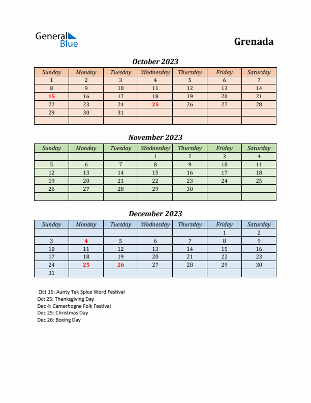 Q4 2023 Holiday Calendar - Grenada