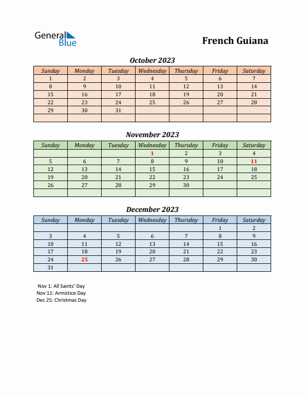 Q4 2023 Holiday Calendar - French Guiana