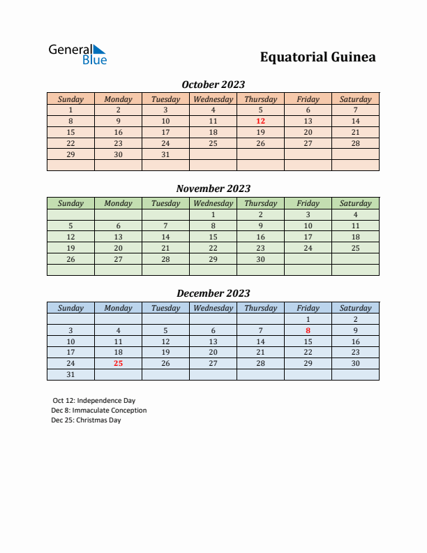 Q4 2023 Holiday Calendar - Equatorial Guinea