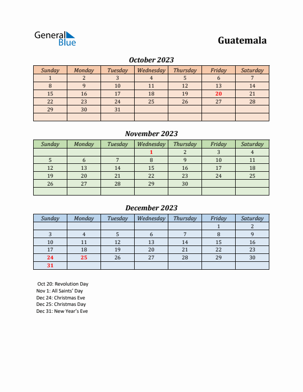 Q4 2023 Holiday Calendar - Guatemala